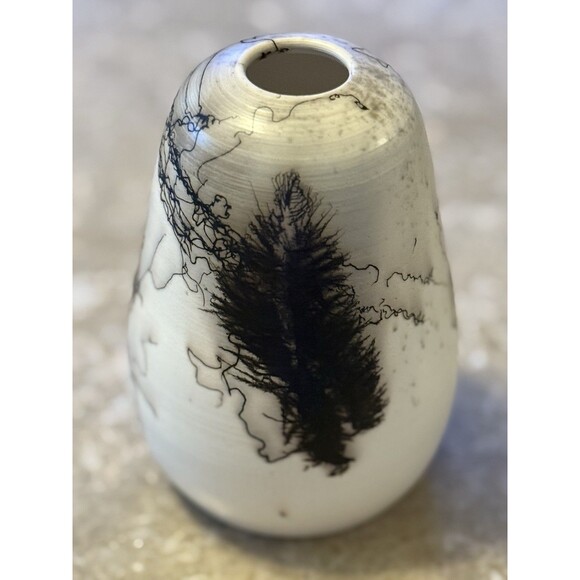 Raku Horse Hair Pottery Vase Round 6.5" Handmade Signed - Picture 3 of 10